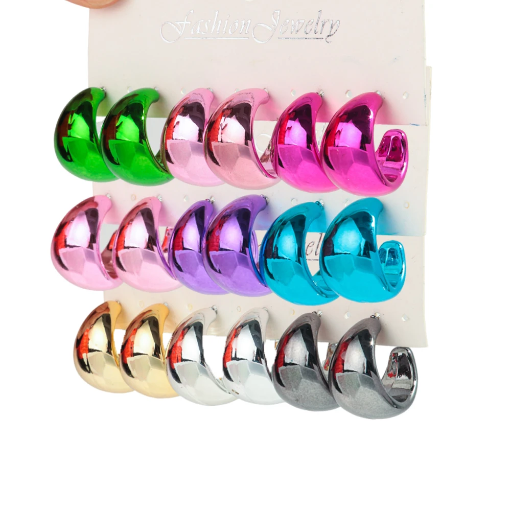 3pairs Metallic Color Acrylic Small Wide C-Shaped Y2K Earrings Hoops for Women Vintage Circle Drop Earring Fashion Jewelry Gifts