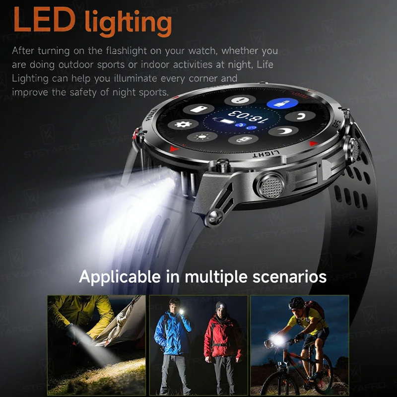Militärische Outdoor-Sport GPS-Smartwatch-LED-Taschenlampe, 540-mAh-Akku, 3ATM wasserdichter Kompass, Bluetooth-Anruf für Android iOS