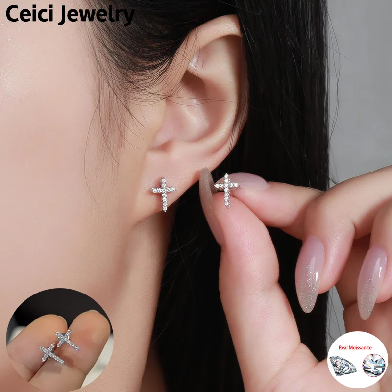 

CEICI 1.2MM Moissanite Cross Stud Earrings for Women Pure 925 Silver Sparkling Lab Diamond Wedding Party Earring Girls Jewelry