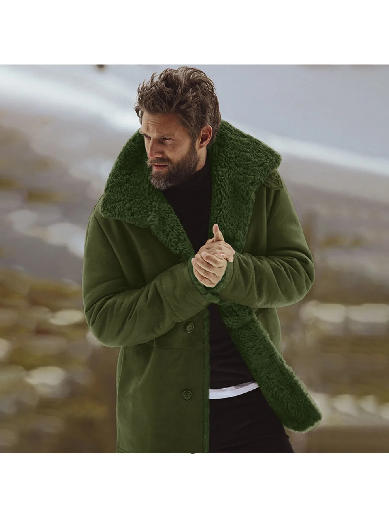 A Men's Warm Fleece-Lined Jacket Featuring Durable Faux Suede Fabric and Thick Lining Designed for Practical Windproof Protect