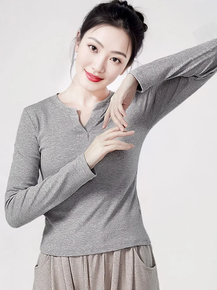 솔리드 컬러 V 넥 긴 소매 슬림 피트 탑 여성용, 현대 무용 훈련, 발레 연습, 무대 공연 착용