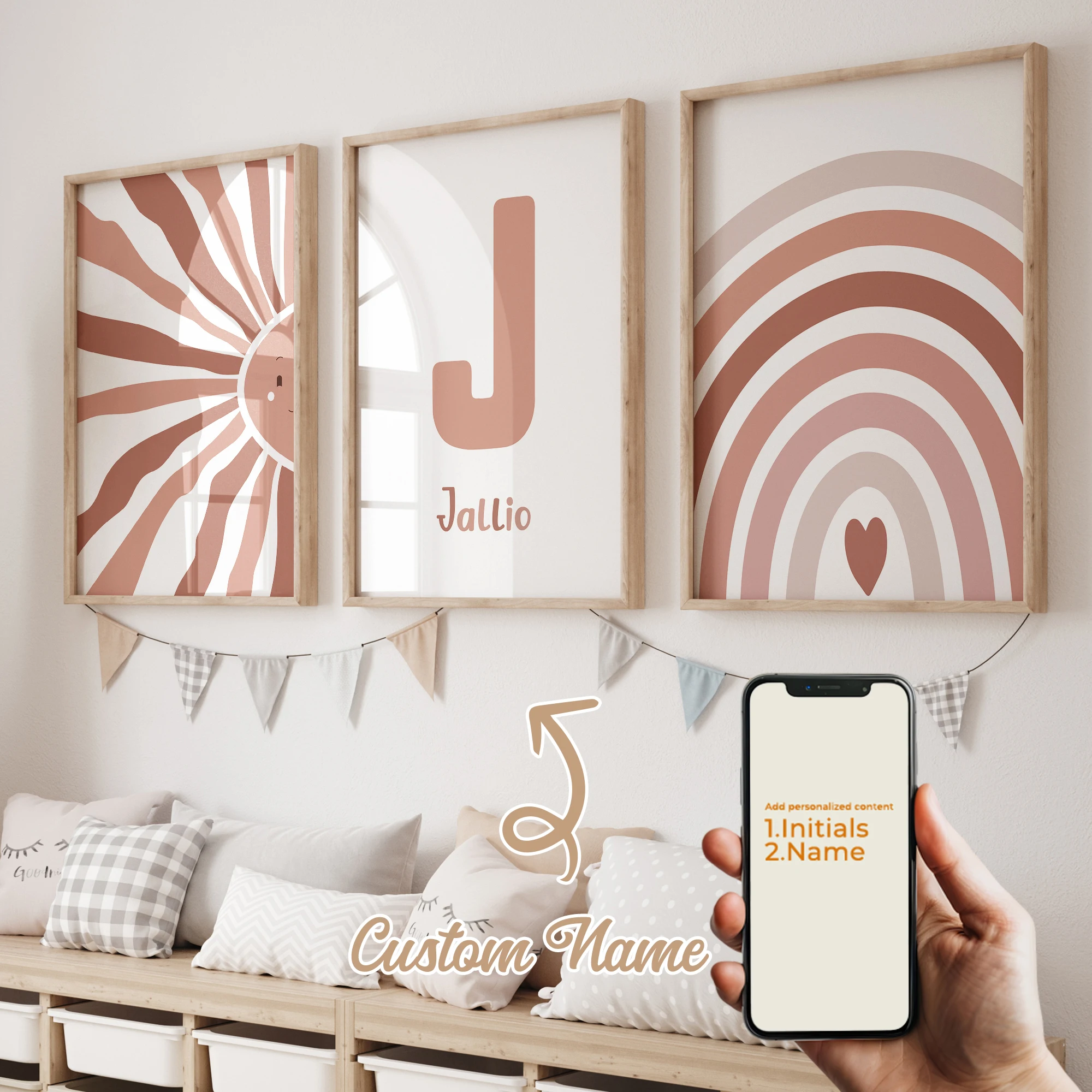 3 قطعة اسم مخصص شخصية الكرتون الشمس قوس قزح جدار الفن طباعة صورة قماش المشارك اللوحة لغرفة المعيشة الطفل ديكور المنزل #4