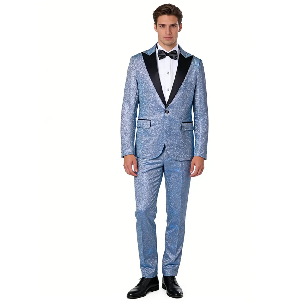 

Мужской сценический костюм для выступлений, 2 предмета: блестящий шелковый пиджак и брюки, сине-золотой, для вечерних мероприятий, концертов, шоу, для певцов, блестящий костюм