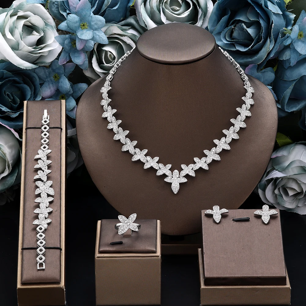 

4-Piece Flower Necklace Earrings Bracelet Ring Set Cubic Zircon Dubai Nigerian Bridal Jewelry Sets Wedding Accessories