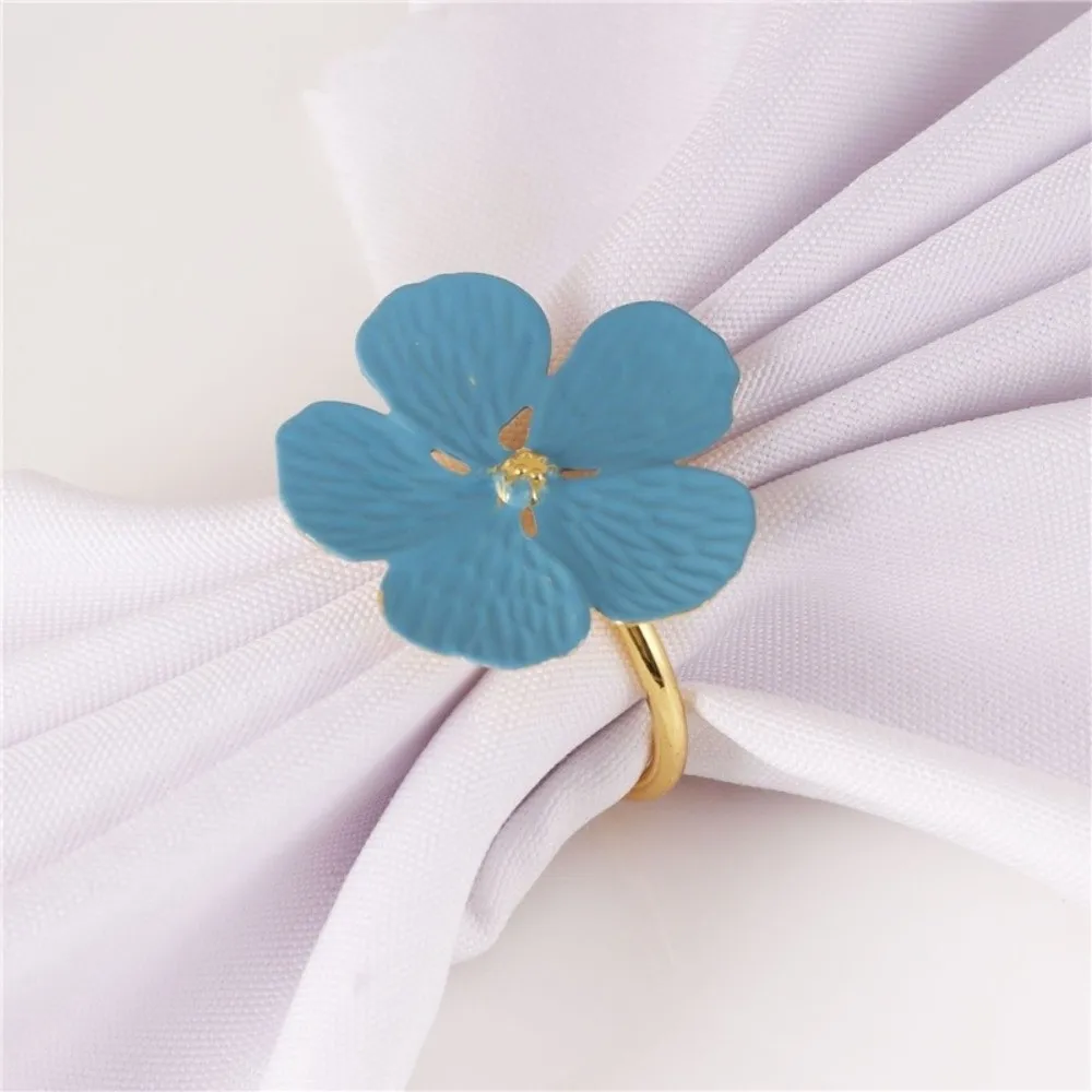 2PCS New Five Petal Flower Napkin Rings Blue Iron Napkin Buckles Glazed Enamel Napkin Holders Wedding