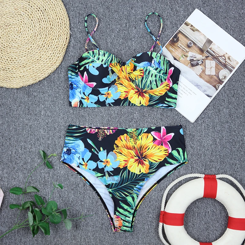 ارتفاع الخصر مجموعة البكيني رفع ملابس السباحة الأزهار ملابس النساء ملابس السباحة المايوه بحر البرازيلي الإناث مايوهات #2