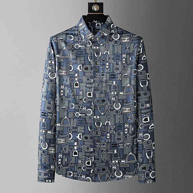 

British Style Printed Men's Shirt Long Sleeve Silk Non Ironing Casual Shirt Nightclub Social Party Streetwear Men Clothing 2024