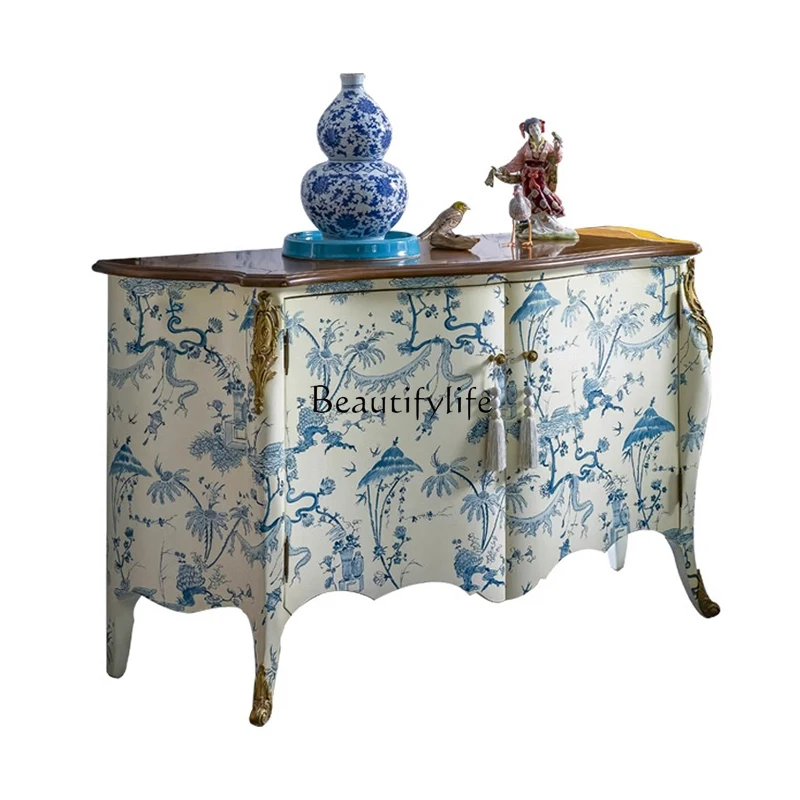 French painted side cabinet, high-end hand-painted blue and white storage decorative cabinet