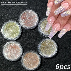 6Jars/Set Reflective Crushed Diamond Nail Powder Sparkly Star Drill Chrome Pigment Holographic Micro Glass Manicure Decorations