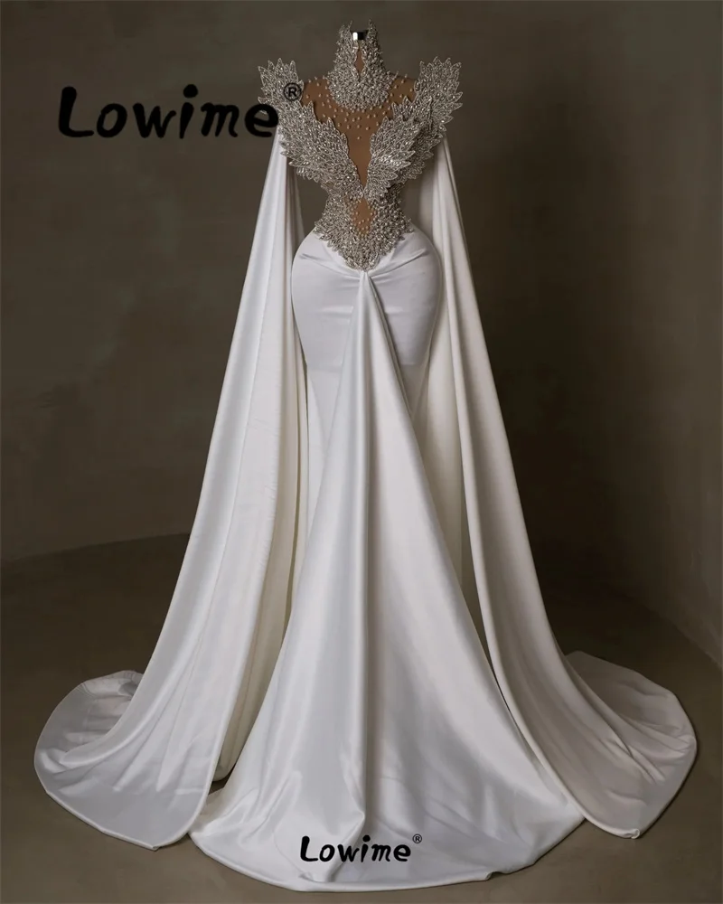 

Luxury Mermaid White Celebrity Dresses 2024 Cape Sleeve Long Prom Dress Crystals Aso Ebi Arabic Evening Gown Wedding Party Dress