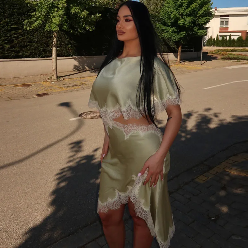 HXAO Women's Dress Elegant Party Dresses Summer Evening Prom Dresses Satin Lace Short-sleeved Gown Midi Skirt Beach Cape Dress﻿ view 2