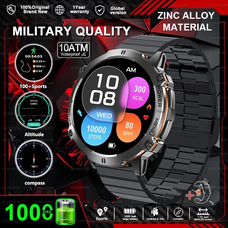 2025New T-Rex 3 GPS SmartWatch 1000mAh Battery AMOLED HD Men 10ATM&IP69K Waterproof Outdoor Fitness Military Call smart bracelet