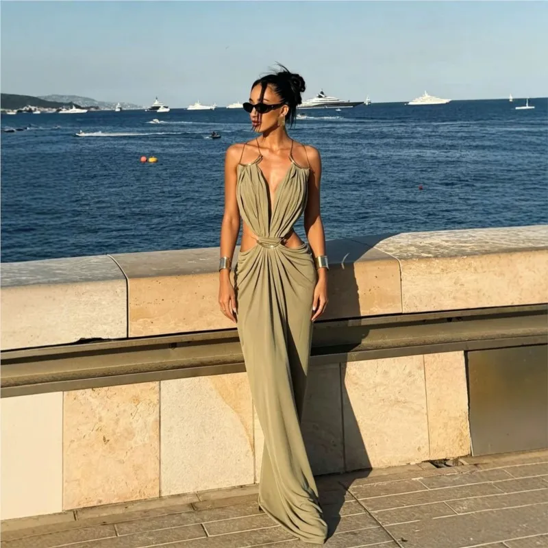 Robe sexy à col en V profond, taille ajourée et froncée, élégante pour femmes, à fines bretelles, sans manches, unie, pour plage, club, soirée ou fête.