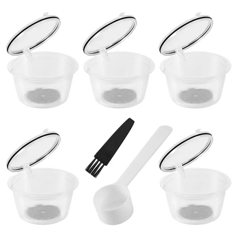 A66T-5PCS Reusable For Nestle For Dolce Gusto Coffee Capsule Filter Cup Refillable Filter Basket Caps Reusable Spoon Brush