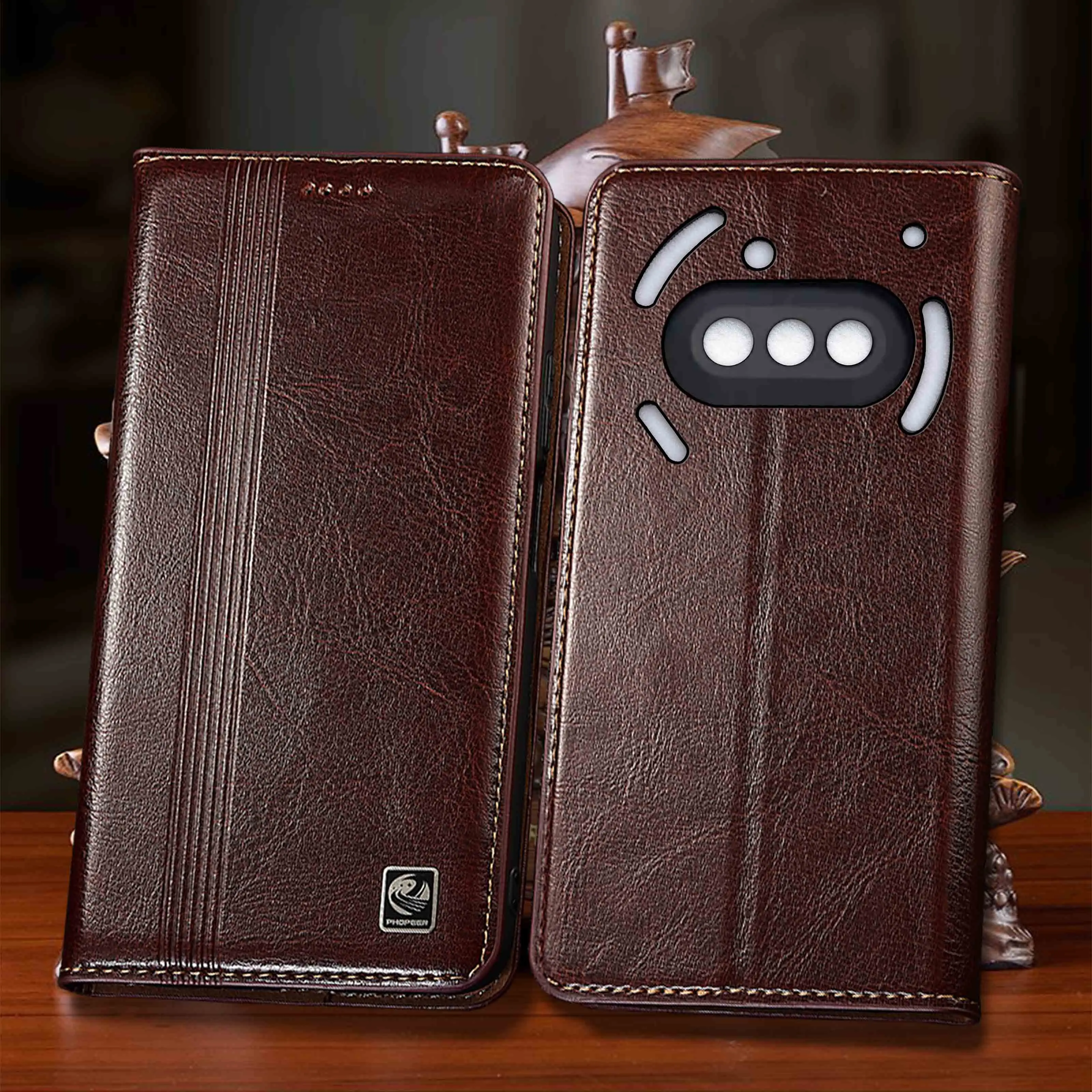 For Nothing CMF Phone 1 2 2A 3 3A 4A Pro Plus Vertical Line Pattern Of Genuine Leather Flip Phone Cover Case Cowhide Non-Slip