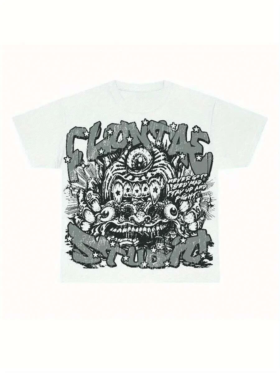 Men's Y2K Retro Grunge Pattern T-shirt White Multi Eyed Monster Devil Fierce Star Graffiti Printed Short Sleeve T-shirt