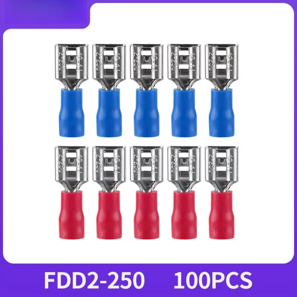 100pcs FDD2-250 FDD Insulated Electrical Crimp Female Terminal For 1.5-2.5mm2 Cable Connectors Cable Connector
