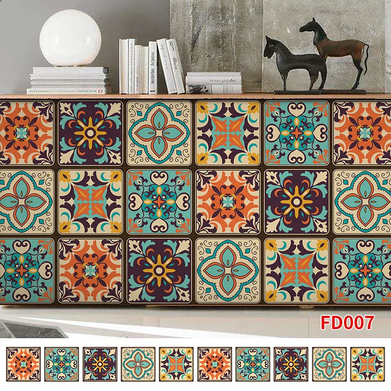 10 Pcs Mandala Moroccan Decorative Tile Stickers, Removable Decor Wall Tile Decals for Kitchen Bathroom Laundry Stair Fireplace