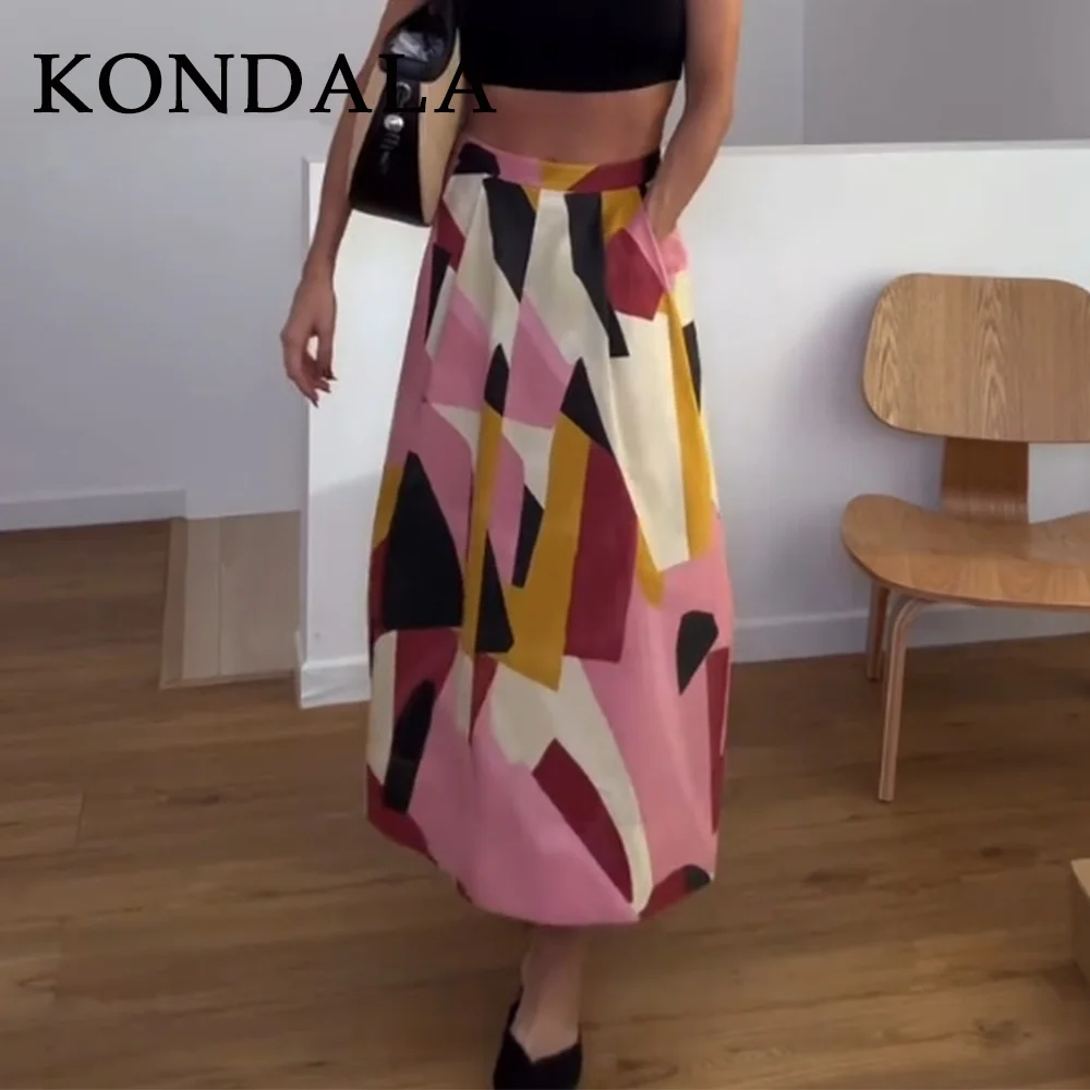 KONDALA 2025 printemps été décontracté femmes imprimer jupes mode élégant ample fermeture éclair Streetwear Chic dames jupes longues