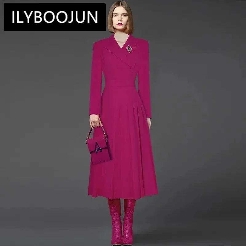 

ILYBOOJUN Dresses For Women 202 Luxury Brand High Quality Women's Dress Long sleeve Brooch Solid color Pleats Dresses