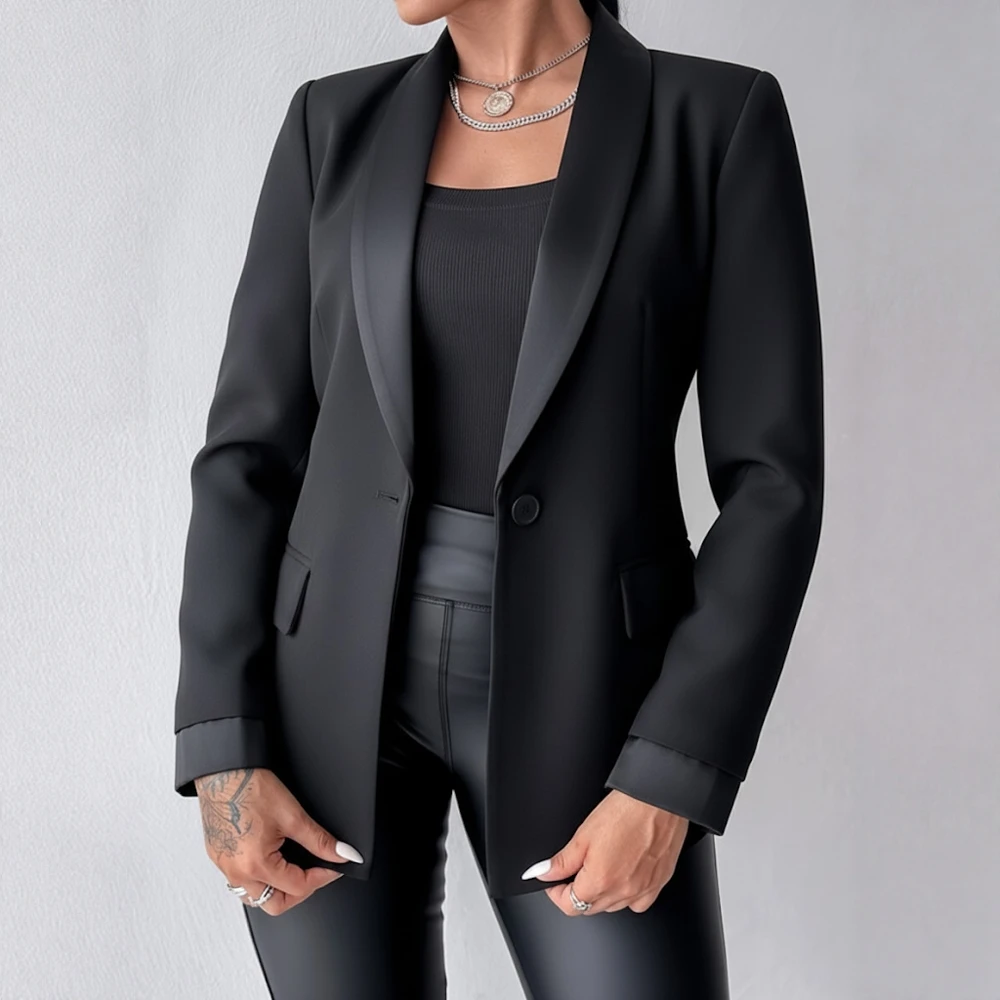 ชุดสูทลำลองแขนยาวทรงตรงสำหรับผู้หญิง ฤดูใบไม้ร่วง ฤดูหนาว แฟชั่นทันสมัย สวมใส่สบาย ไม่มีการตกแต่ง