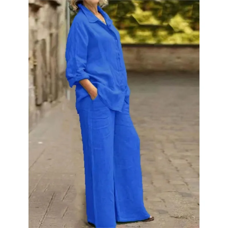 Fashion Cotton Linen Shirt Long Sleeved Women's Set Solid Autumn Loose Linen Wide Leg Trousers Female Office 2piece Set