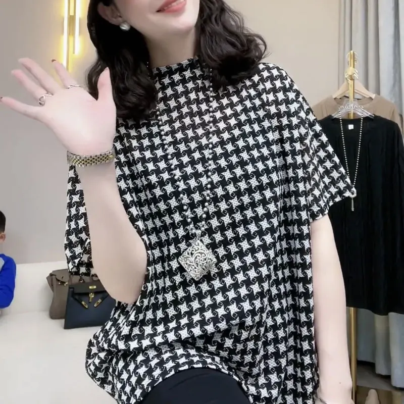 Fashion Houndstooth Thin Pullovers Female Clothing Casual Half High Collar All-match Summer Short Sleeve Korean Printed T-shirt