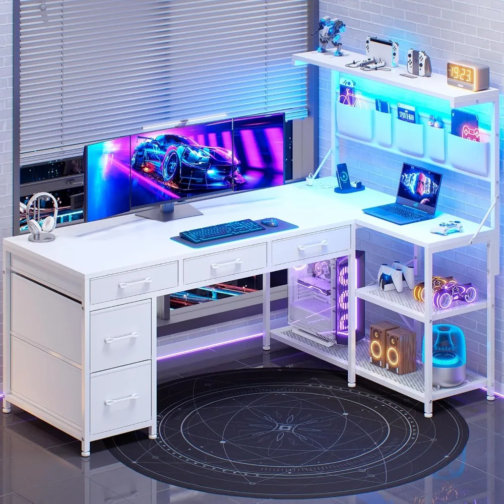 

Corner Computer Desk, Reversible L Shaped Computer Desk with Fabric Drawers and Power Outlet, 47.2” Gaming Desk with LED Lights
