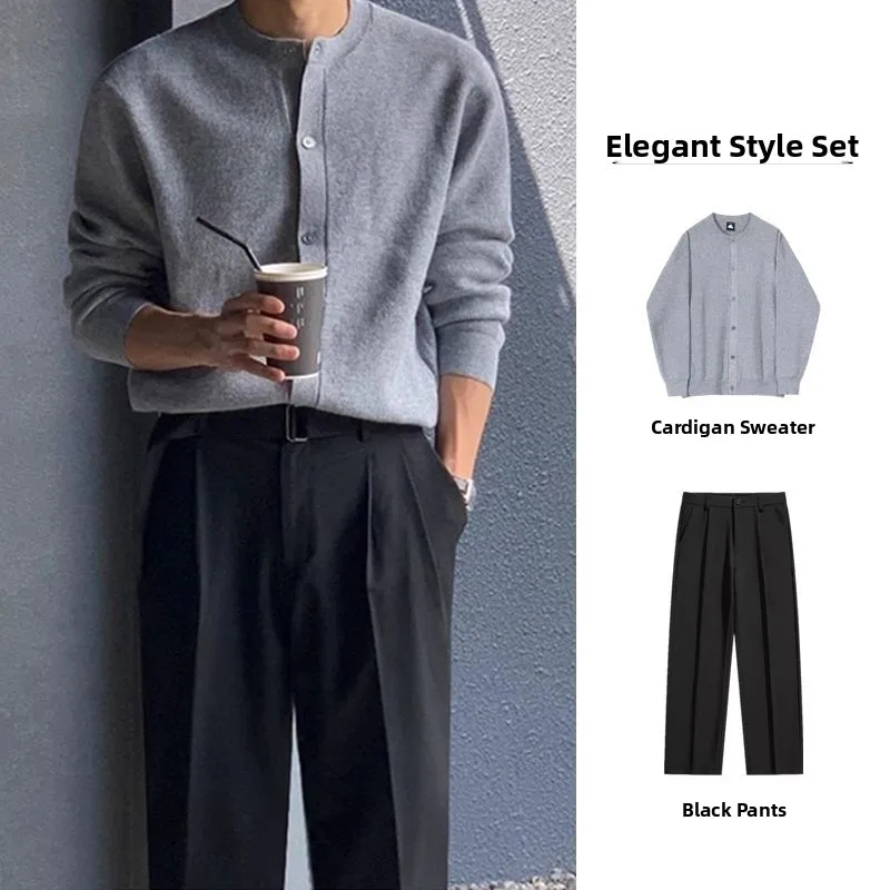 

Мужской вязаный кардиган свободного кроя с круглым вырезом, осенний, в корейском стиле, легкий, для зрелых мужчин, комплект верхней одежды