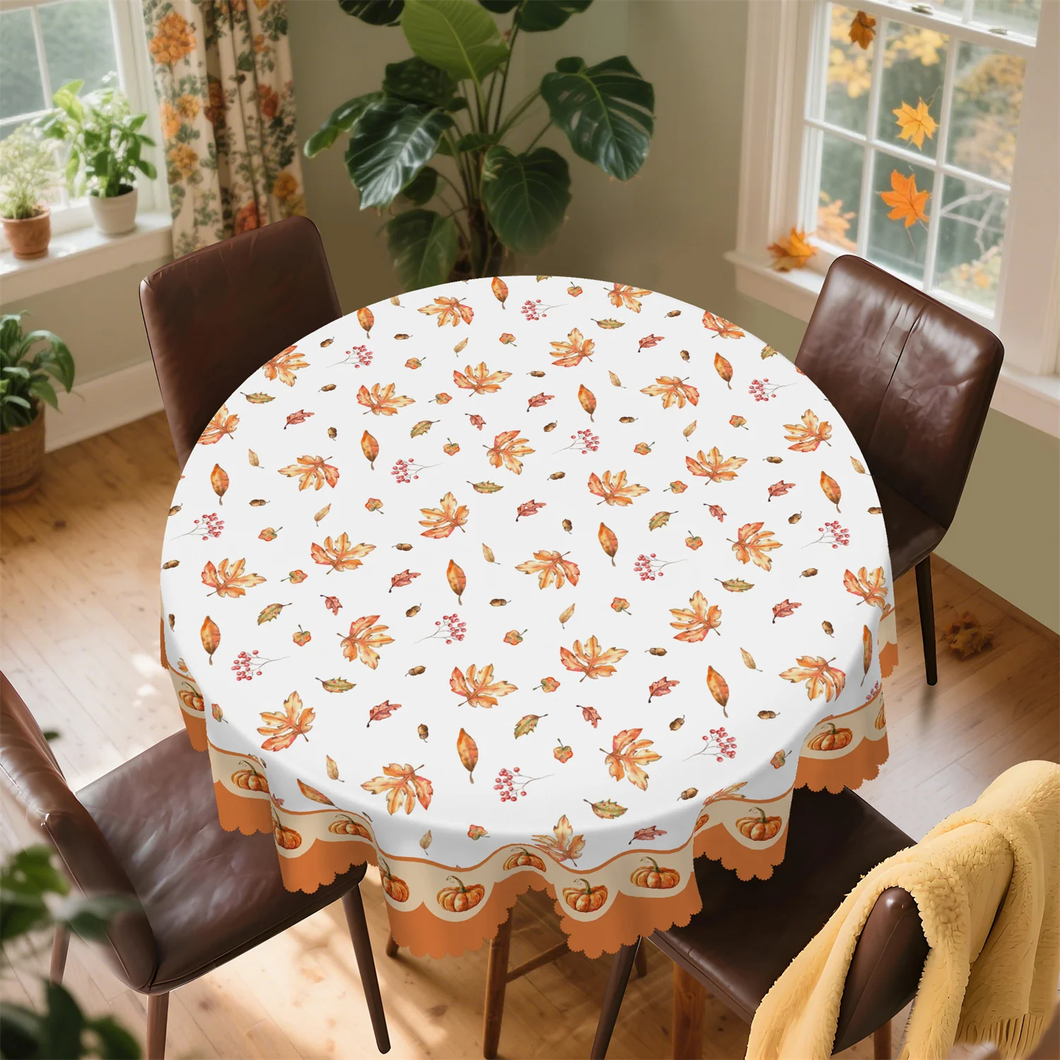 White background with brown frame pumpkin fruit leaf tablecloth - washable rural autumn harvest decoration