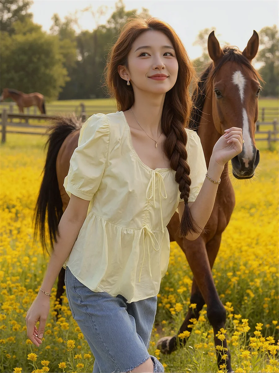 Camicette da donna dolce tinta unita autunno cotone moda coreana femminile oversize manica corta top lunghi stile formale femminile