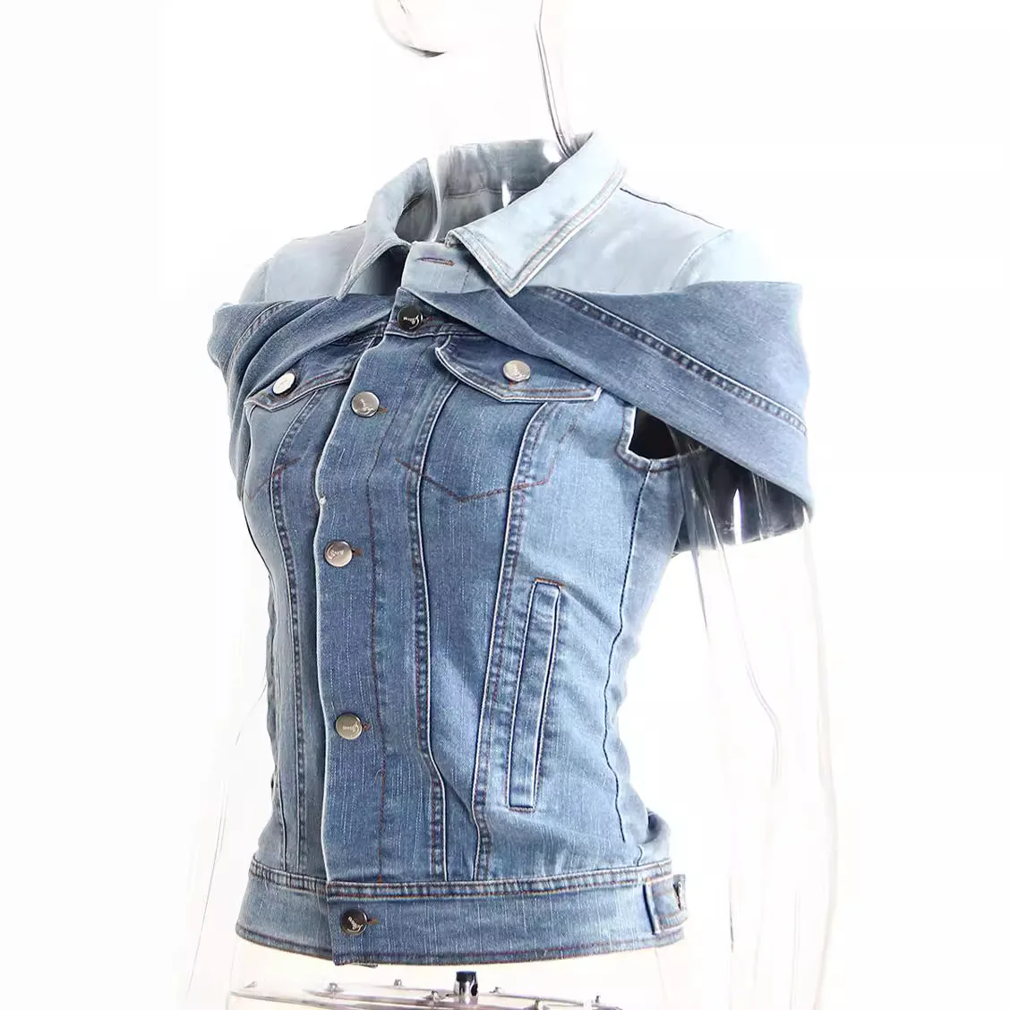 2025 Spring/Summer New Fashionable Color blocked Cowboy Shirt Look Thin Single breasted Personalized Design Fake Two Piece Set