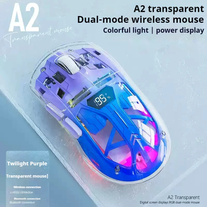 Mouse da gioco wireless Wolf A2 Pro Mouse da gioco trasparenti Rgb Bluetooth 5.3/Type-C Dual Mode Mouse da gioco ergonomico silenzioso per PC/laptop