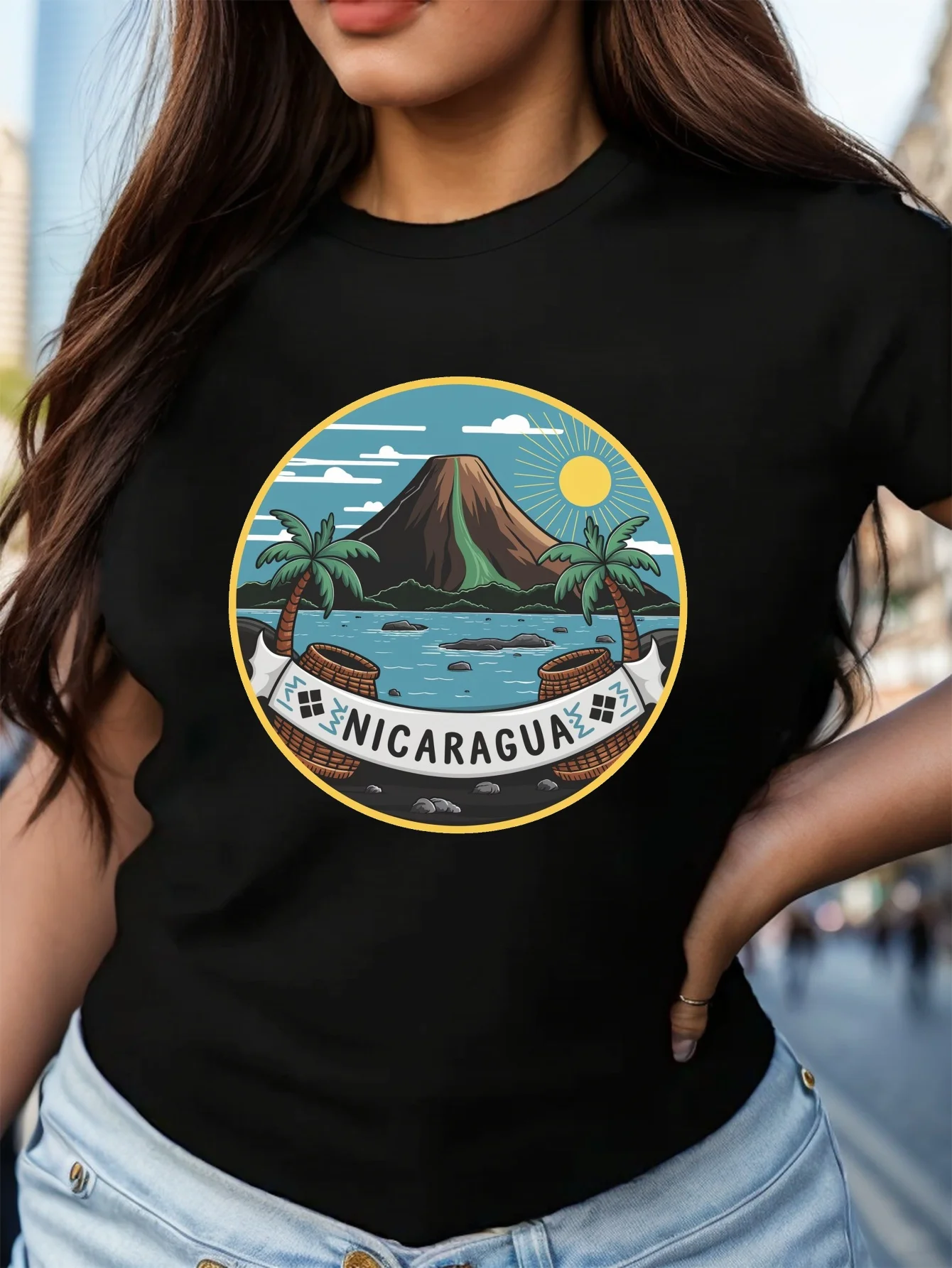 volcano NICARAGUA women's comfit t-shirt short sleeve crew neck casual top summer spring Women's clothing