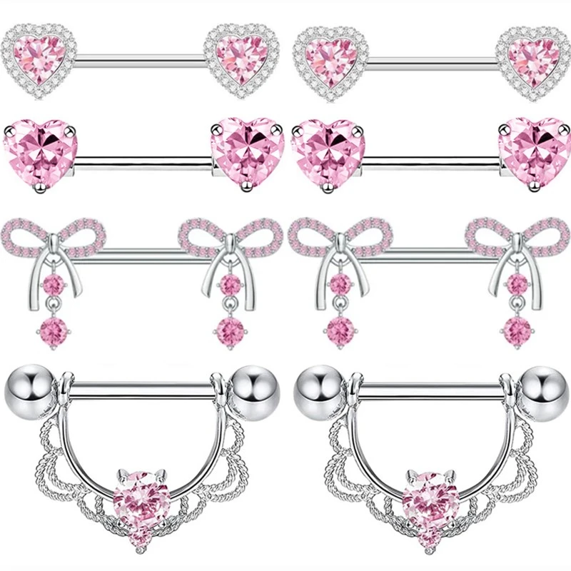 4Pair Butterlfy Nipple Piercing Set Stainless Steel Heart Crystal Nipple Rings Jewelry For Women CZ Nipple Bars Piercing Pezon