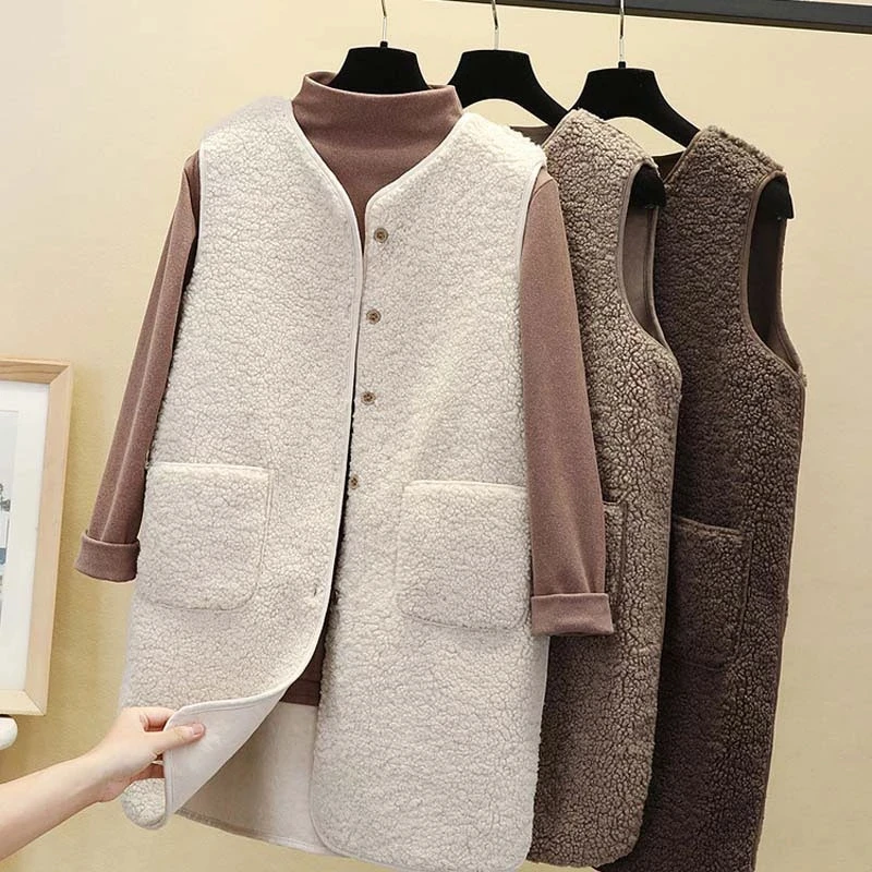 

Long Coats Vest Women Winter New Autumn Lambswool Coats Thermal Waistcoat Warm Fleece Sleeveless Jacket Ladies Vests For Women