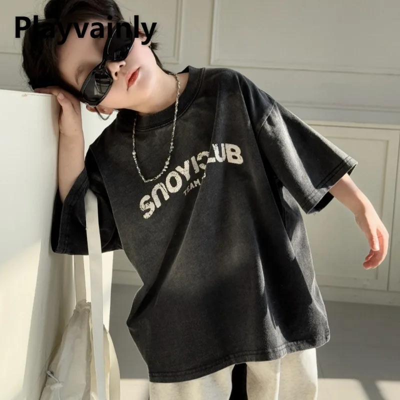 

2025 New Summer Boys Fashion Versatile Short Sleeve T-shirt Black Letter Print Crewneck Loose Retro Tops Child Clothes A850613