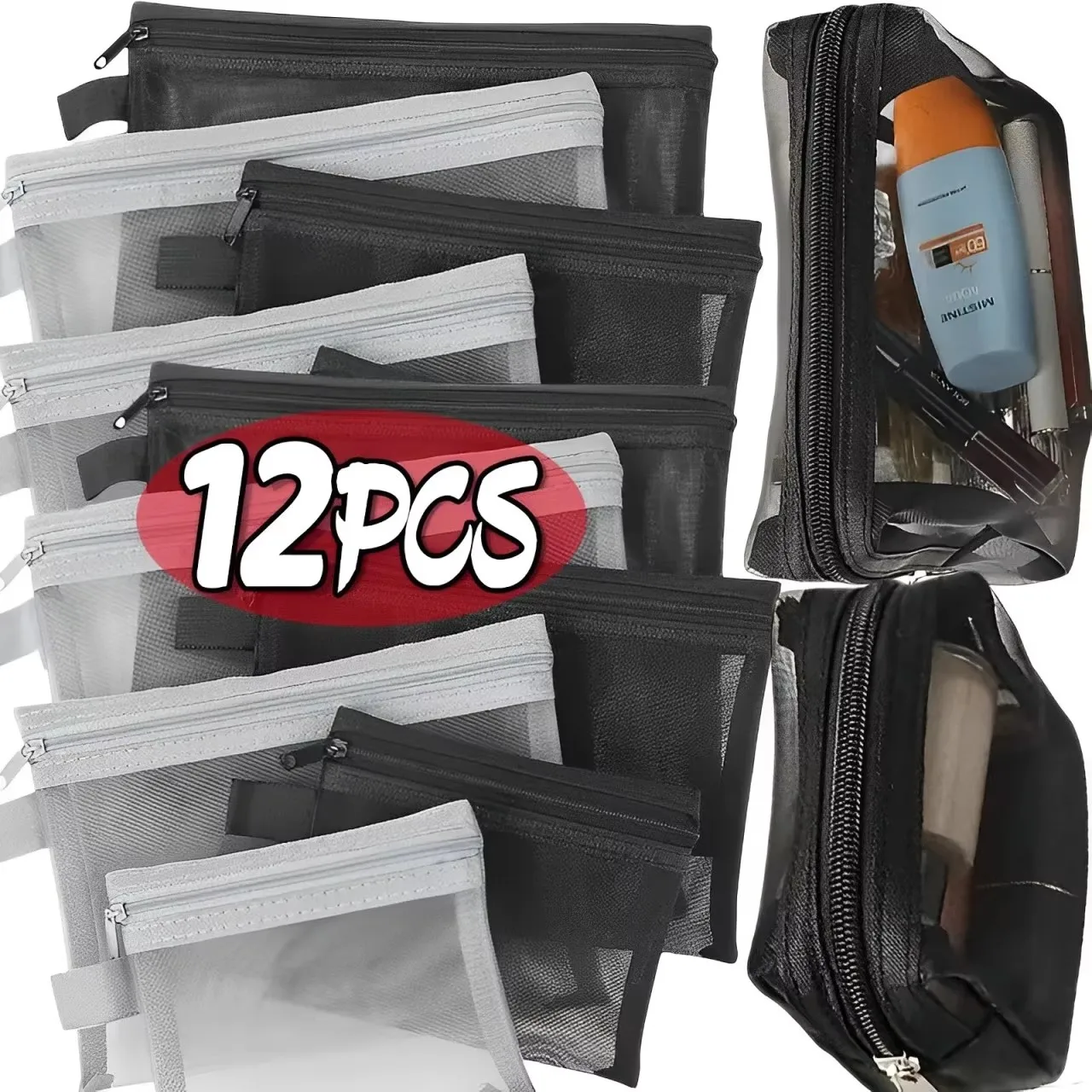 1/12pcs Mesh Clear Cosmetic Bags Small Large Black Makeup Bag Portable Travel Toiletry Organizer Case Lipstick Storage Pouch