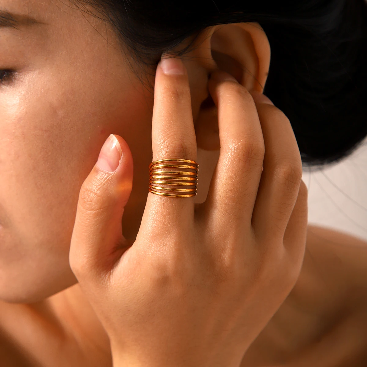 

18k Gold Plated Irregular Fashion Design Adjustable Ring Hollow Multi Layer Personalized Stainless Steel Ring Accessory Gift