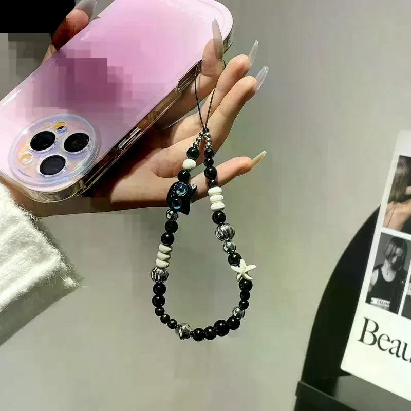 Mobile Phone Lanyard Cartoon Cat Anti Lost Rope Wrist Strap Bead Bracelet Design Plush Car Keychain Bag Accessory Black