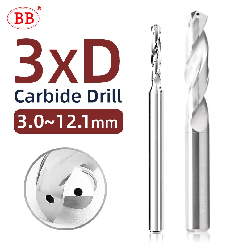 Broca de carboneto de resfriamento interno BB, CNC brilhante, usinagem de alta alimentação para alumínio, diâmetro do cobre, 3.0mm a 12.1mm, 3xD, BF2055