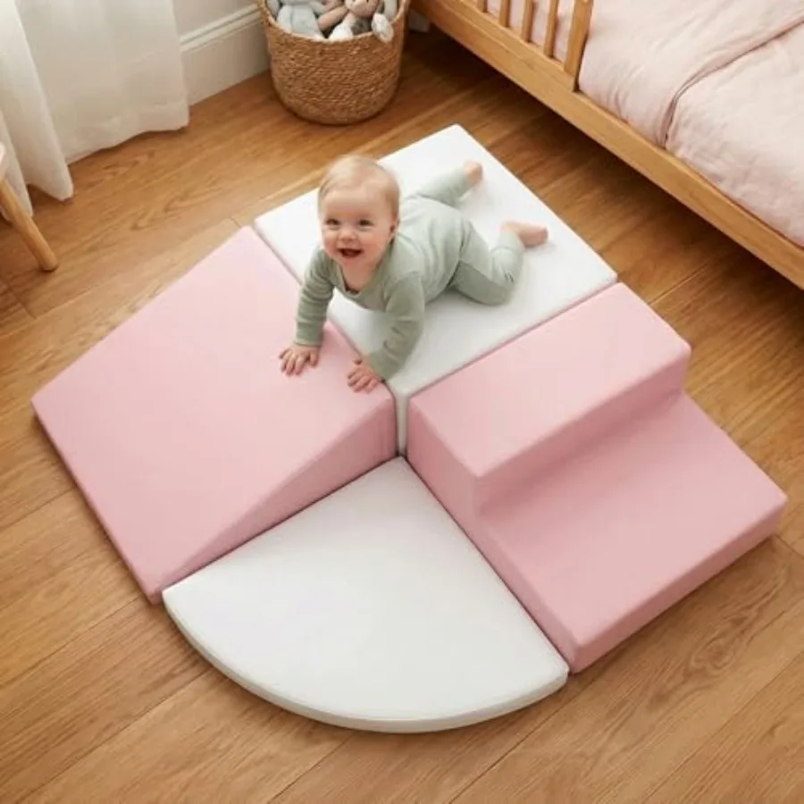 

Indoor toddler climbing toys set for crawling, sliding, and climbing; foam blocks in pink white; soft, safe, non-slip material