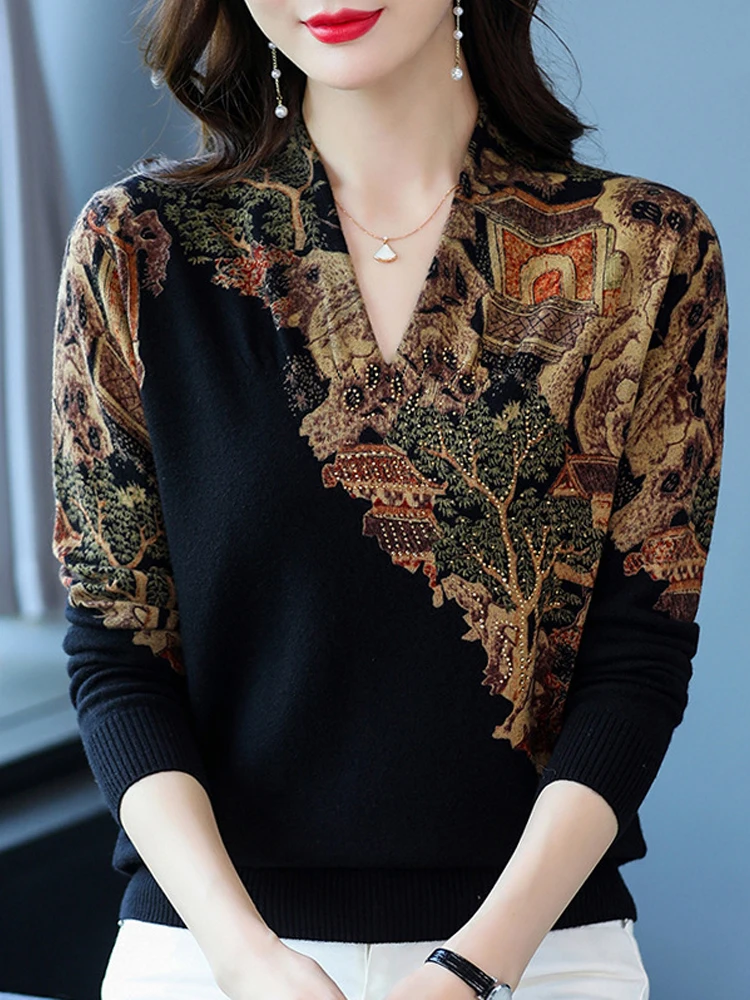 

Women's Print Sweater V Neck Knit Pullover Soft Long Sleeve Casual Jumper Autumn Spring Fashion Femme Top