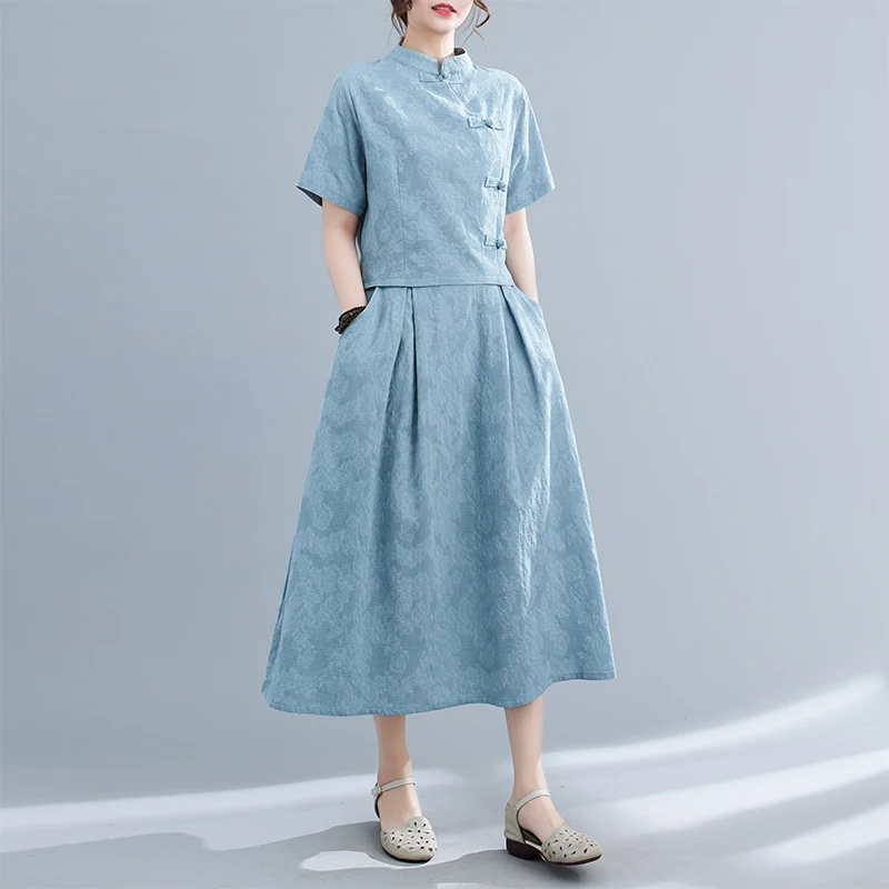Faionable Cotton Linen Embroidered Button Stand Collar Tang Suit Top High Waist  Skirt National Sle Two Piece Set Summer