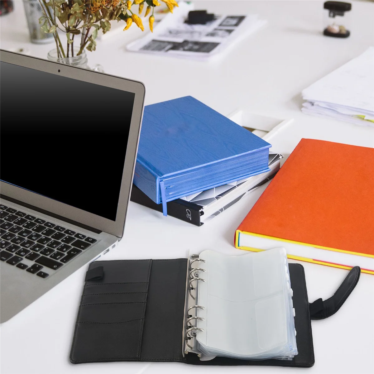 14 Binder Bags A6 with Leather Binder Cover, 6 Rings Budget Binder with Cash Envelope, Money Saving Binder (Black)