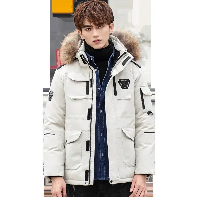 Parka mi-longue en duvet de canard blanc pour homme avec col en fourrure, pardessus de neige épais, veste résistante, garde au chaud, homme-30, hiver, 90%