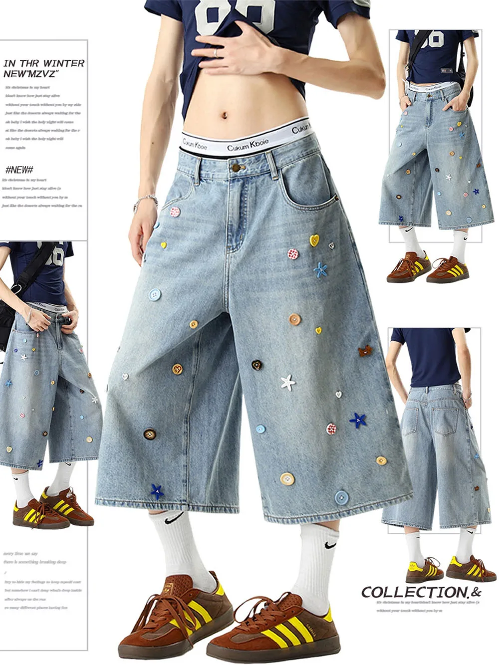 New Colorful Button Design Capri Pants Simple Design High Waist Slim Fit Hole Ripped Five Points Pants Trendy Women's Shorts