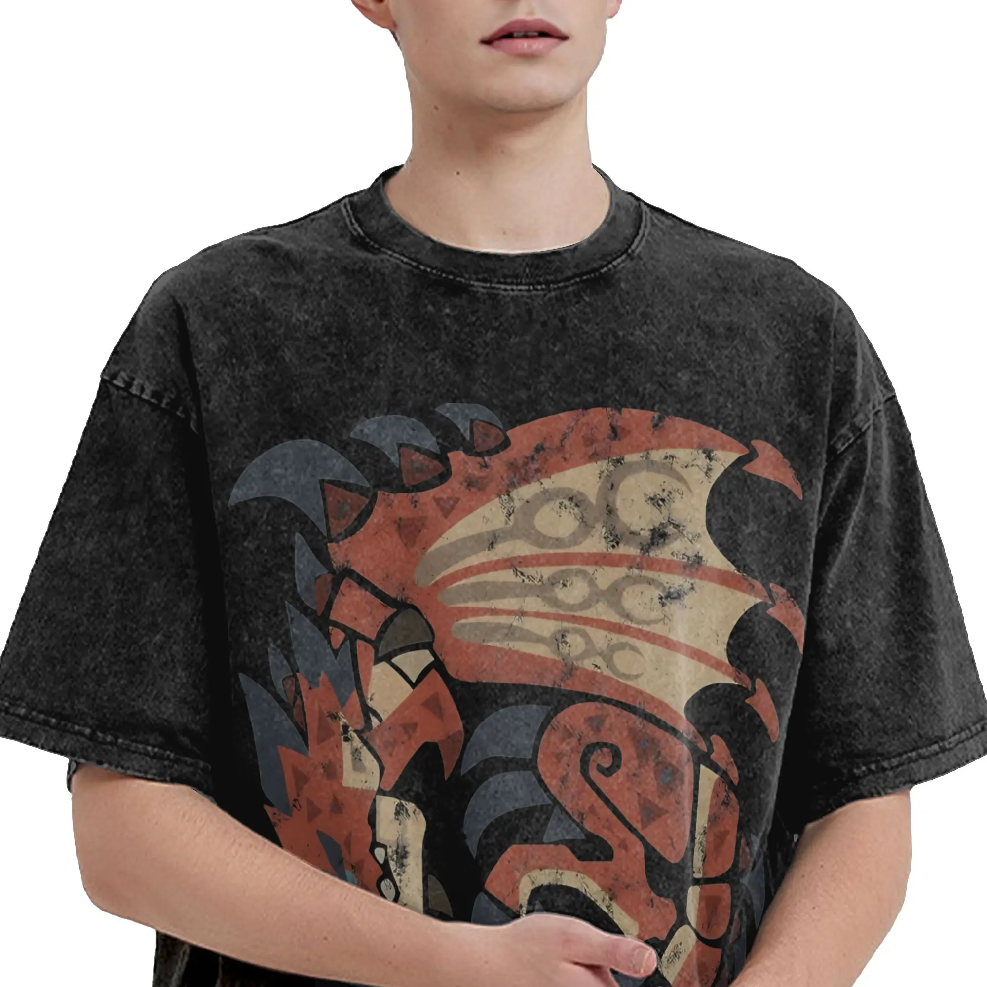 Oversized Washed T Shirt Monster Hunter  Simple T Shirts World Rathalos Kanji Icon Tee Shirt for Couple Summer Awesome Clothing