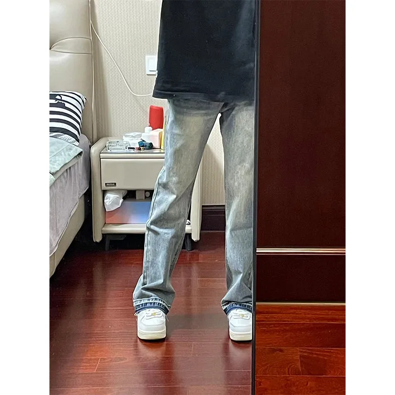 

American Retro Men's Wide Leg Jeans High Street Vibe Torn Hem Straight Cut Slimming Long Pants Youth Faion Polyester Fiber