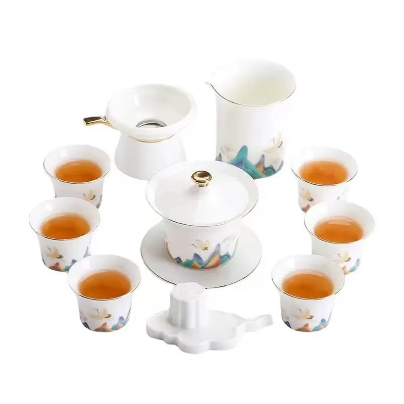 

Suet jade tea set, household ceramic cover bowl teacup, high-end office kung fu tea set gift box